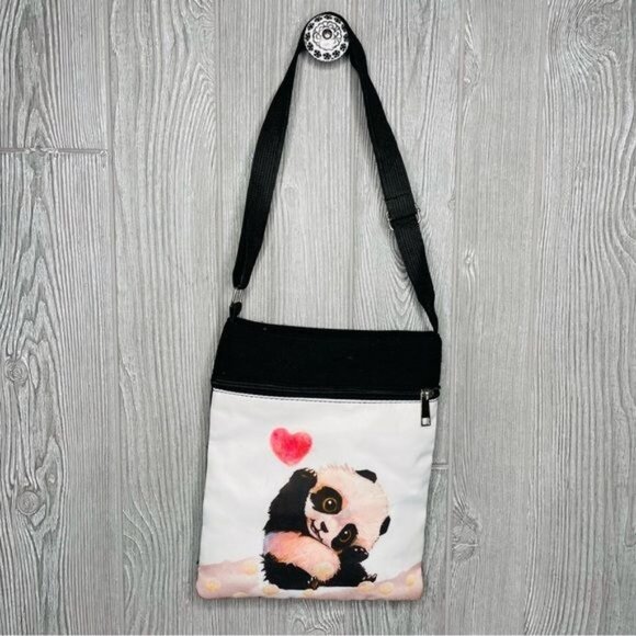 Cute panda bear cross body bag purse cloth with long strap and heart - Picture 1 of 6